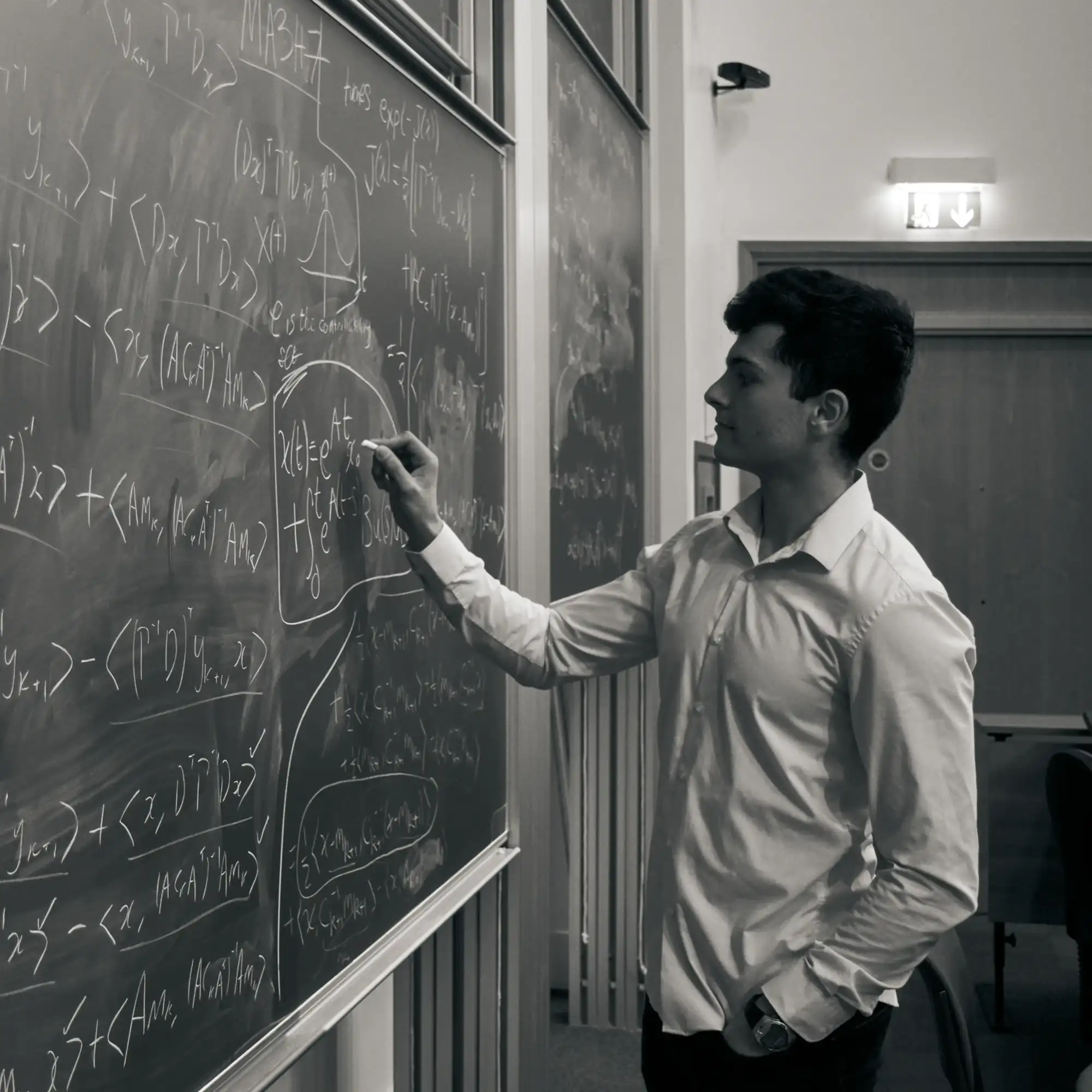 Avi Mukesh at a chalkboard covered in equations